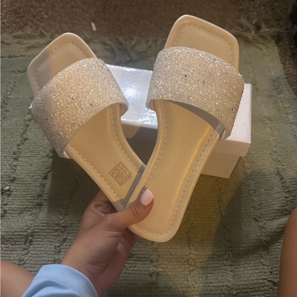 SHEIN White Glitter Slide Sandals